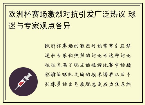 欧洲杯赛场激烈对抗引发广泛热议 球迷与专家观点各异