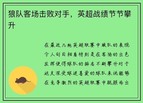 狼队客场击败对手，英超战绩节节攀升